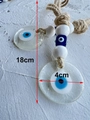 Blue Evil Eye wall hanging with glass beads and twine cord, 18cm total length - Transparent Circle