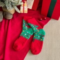 Cozy red and green Christmas socks with pom-poms and festive holiday tree pattern - Green Christmas Tree