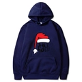 Dark blue Christmas hoodie with red Santa hat print and HO HO HO text on chest - S / Navy Blue