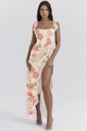 Close-up of pink rose print maxi dress with ruffle straps and side slit detail - S / Pink Large Flower