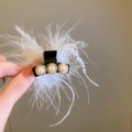 Elegant black feather hair claw clip featuring three pearl flowers with crystal accents - White Rhinestone Pearl Feather Style