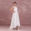 Elegant white sleeveless lace high-low evening dress with round neck and satin sash - US size 2 (S) / White