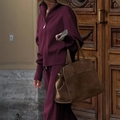 Elegant wine red knitted sportswear set with zip-up jacket and wide-leg pants - S / Fuschia