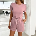Women's two-piece casual loungewear set featuring pink short sleeve top and drawstring shorts - S / Pink