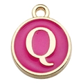 Pink enamel round pendant with golden letter Q detail for DIY jewelry making - Letter Q / 1 Piece (12x14mm) / Rose Red