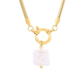 Elegant gold snake chain necklace with square mother-of-pearl pendant for women - Square Pearl Style (KN234960-Z)