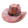 Detailed close-up of rainbow scale texture and metallic bull badge on western cowboy hat - Iridescent Red