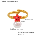 Detalle del anillo de estrella de mar roja con perlas y emoji en acero inoxidable - Anillo de Perlas de Concha y Estrella de Mar Dorada
