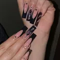 Detail of long coffin press-on nails with nude pink, black matte finish, and rhinestones - BKS1315 Dark French Style