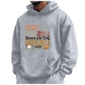 Men's grey hooded sweatshirt featuring festive food typography and kangaroo pocket design - S / Tops / Gray
