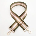Close-up of army green and white striped bag strap with gold metal hooks and hardware - Gold Buckle / Army Green