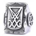 Anello gotico Sigillo di Lucifero in acciaio inossidabile con finitura argento e pentagramma - US 7 / Stile Sigillo Quadrato in Acciaio (15303)