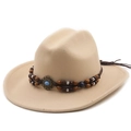 Detail of khaki wool felt fedora featuring an ethnic beaded band with turquoise stone - M (56-58cm) / Khaki