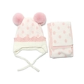 Pink and white polka dot knitted hat and scarf set with cute faux fur pom-poms for girls - White Polka Dot