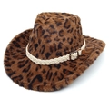 Cappello da cowboy leopardato in peluche con ecopelliccia e fascia decorativa in corda bianca - M (56-58cm) / Corona a Cuore Marrone Scuro