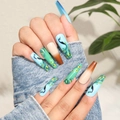 Long coffin fake nails with peacock feather design and blue-green gradient finish - BKS1123 Gradient Peacock Feather