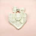 Detail of cream tweed pet bandana with pearl collar and rose flower on pink background - Size S (1.5-2.5kg) / 4-Piece Set (Bandana+Bowtie+Corsage+Necklace) / White