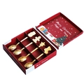 Four golden stainless steel Christmas spoons with festive charms in a red gift box - 4-Piece Set (Gift Box) / Gold