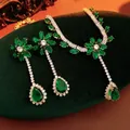 Vintage emerald waterdrop zircon jewelry set with floral necklace and long earrings - Silver - Emerald