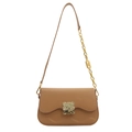 Minimalist tan crossbody square bag with gold wavy buckle and chain link strap - Brown