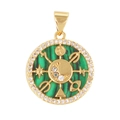 Golden round pendant with green malachite stone and sun moon star charms - Astrology-Malachite