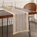 Beige and black cotton linen table runner with diamond patterns and woven tassels - 30x120cm (including tassels) / Black & White Grid Rope