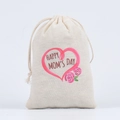 Linen Mother's Day drawstring gift bag with pink heart and rose floral design - HAPPY MOM / 10*15cm