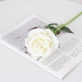 Elegant white velvet artificial rose with green leaves on a vintage magazine base - Large Velvet White