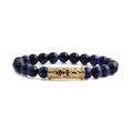 Blue tiger eye beaded bracelet set with gold hollow cross cylinder and black crystal inlay - Tiger Eye Cross Bracelet