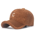Caramel teddy fleece winter baseball cap with white embroidered C letter and suede brim - Solid Coffee