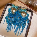 Elegant gold bow earrings with blue bead tassels and delicate chains in a gift box - 50# Blue Pearl Butterfly Glass Tassel Studs