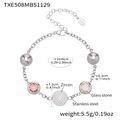 Silver stainless steel beaded bracelet featuring pink glass stone and white zircon disc - Steel - Pink Zirconia Bracelet (TXE508)