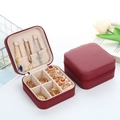 Portable wine red square jewelry box in cross-grain leather with zipper closure - Wine Red