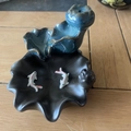 Ceramic lotus backflow incense burner in blue-black glaze with two fish decorative accents - Kiln Transformation Double Fish