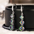 Elegant drop earrings with three colorful rainbow cubic zirconia stones in silver setting - E769 Three Round Stones / Colorful