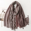 Scialle etnico con motivi geometrici, nappe e strisce in morbido tessuto effetto lino - 180*88cm / Patchwork Caffè Rosa (SL2405-003)