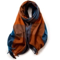 Plaid scarf in orange, blue and grey cashmere-like fabric with tassel edges - 180cm / Teal