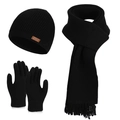 Black knit winter set including beanie hat, tassel scarf, and gloves for women - Black (3-Piece Set)