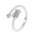 Silver tulip flower open ring with sparkling round gemstone on a clean white background - Silver Tulip with Zirconia Style (K-386)