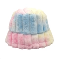 Detail of plush rainbow bucket hat with vertical quilted stripes and faux rabbit fur - M (56-58cm) / Macaron Gradient Color
