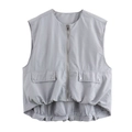 Detail of grey sleeveless vest showing metallic zipper and cargo pockets with ruffled hem - S / Light Gray