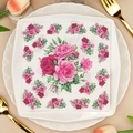 Elegant paper napkin with pink and red rose patterns placed on a white dinner plate - Pink Red Rose (1006)