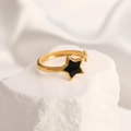Minimalist gold star square ring with black enamel accent on textured stone display - Adjustable Open / 18K Gold Plated Star Black