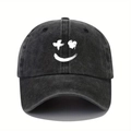 Gorra de béisbol de mezclilla negra lavada con un patrón de cara sonriente graffiti - Talla única / Negro