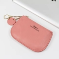 Pink lychee grain leather mini coin purse with zipper and gold keychain accessory - Pink