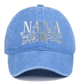 Close-up of Nana daisy embroidery and washed cotton texture on a light blue baseball cap - Adjustable / Light Blue