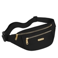 Black nylon waist bag for women featuring triple gold zippers and adjustable strap - Black