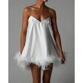 White satin backless mini dress with ostrich feather trim and rhinestone chain straps - L / White