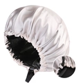Champagne satin double-layered sleeping cap with adjustable buckle and black lining - Adjustable / Pearl White + Black