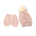 Ensemble hiver en tricot rose avec bonnet à pompon blanc et moufles pour bébés - Rose